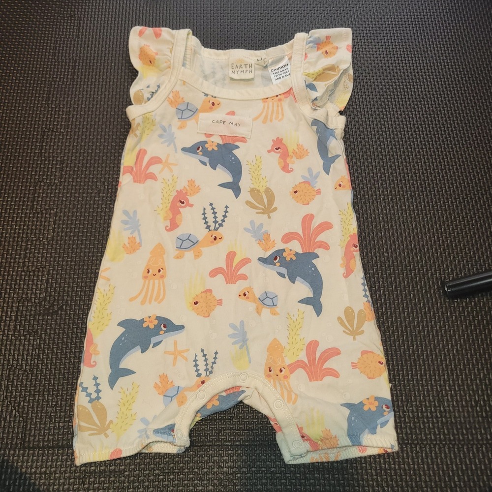 Earth Nymph Cape May Sea Life Baby Romper Flutter Sleeve Cream 6-12 Months